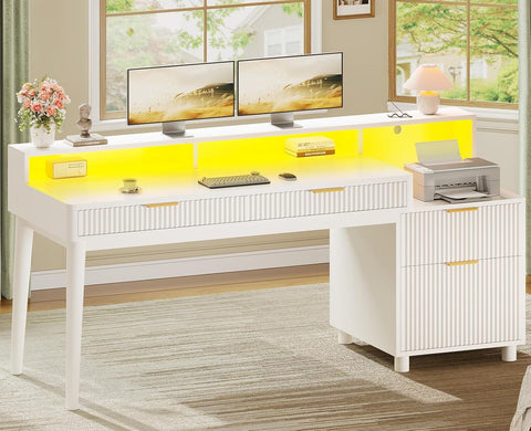 Office Desk with 4 Storage Drawers, 59" Fluted Wood Gaming Computer Desk with LED Lights and Power Strip