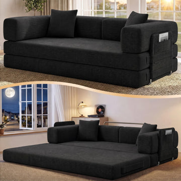 79.5" Convertible Futon Sofa Bed, Boneless Couch | Corduroy Boneless Loveseat Sleeper Sofa, Modular Futon Couch with
