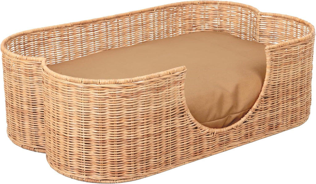 Scallop Handwoven Water Hyacinth Pet Bed with Machine Washable Cushion, 31" x 20" Wicker Cat and Dog Bed