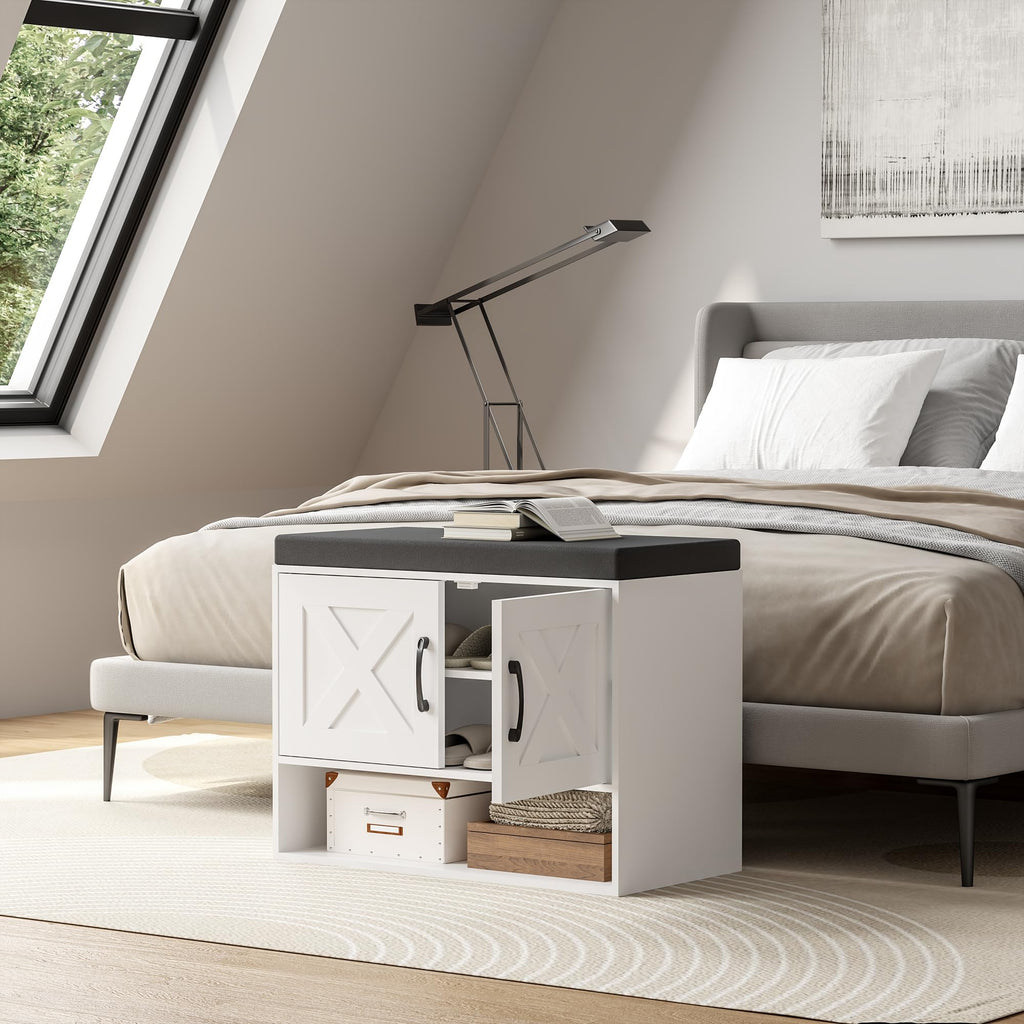 Farmhouse Shoe Storage Bench, Wooden End of Bed Bench, Shoe Storage Cabinet with Seat Cushion, Adjustable Shelf and