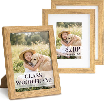 8x10 Picture Frame Set of 3, Tempered Glass, Natural Oak | Solid Wooden Photo Frame, Fits Photo 8x10 without Mat or