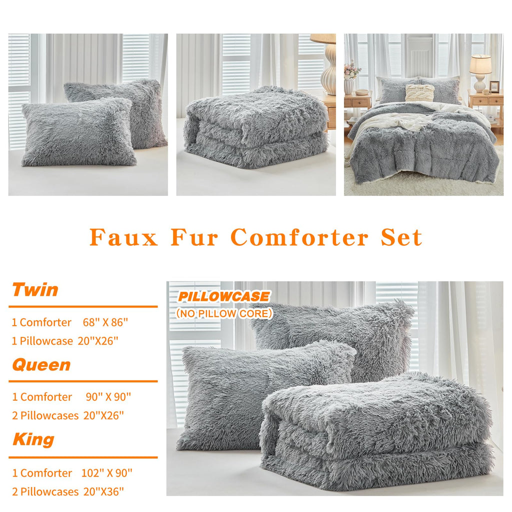 Gray Faux Fur Comforter Set 3 Pieces - 1 Shaggy Comforter 104x90 and 2 Pillowcases, Ultra Soft and Easy Care