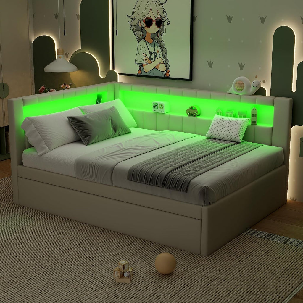 Upholstered Full Size Daybed with LED and Trundle, USB Ports, White | L-Shaped Corner Day Bed with Storage Shelves