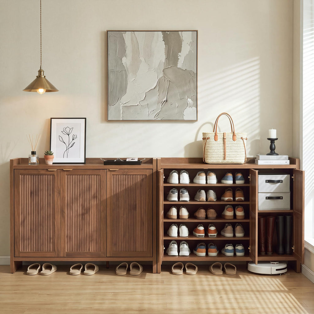 Fluted Walnut Shoe Cabinet with 3 Doors, 5-Tier Storage
