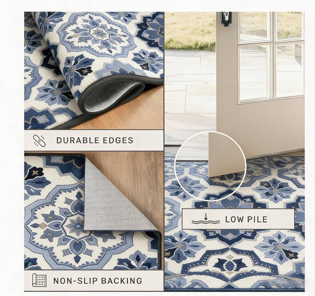 Vintage Moroccan Trellis Runner Rug, Non-Slip Low Pile Blue and White Boho Medallion Hallway Carpet, Machine