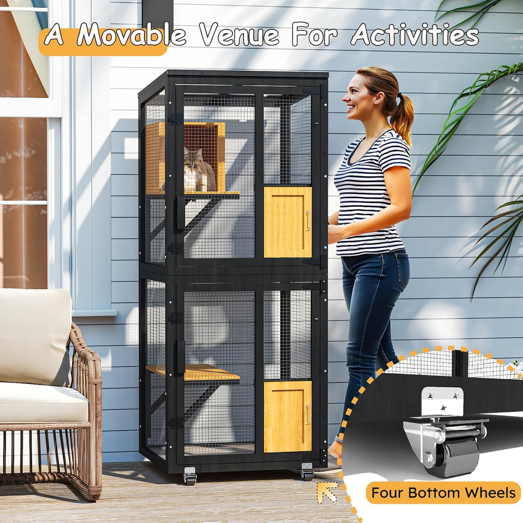 4 Tiers Catio Outdoor Cat Enclosure, Indoor Cat House with 4 Wheels, Black
