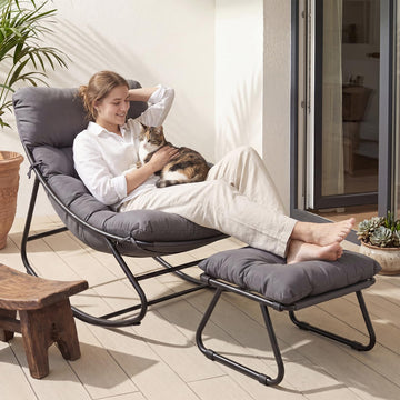 Outdoor Rocking Chair with Ottmans, Cozy Papasan Rocking Chair with Thick Cushion, 450lbs Capacity Indoor Outdoor