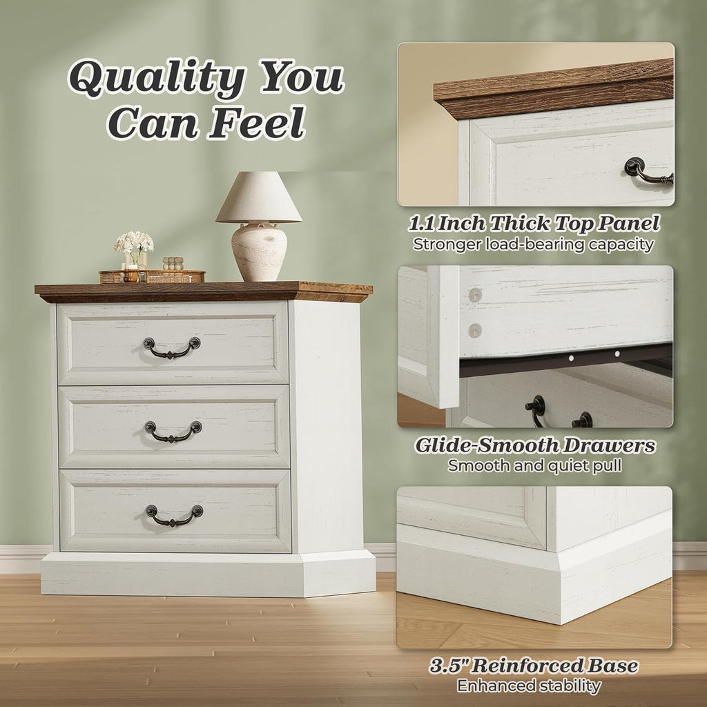 Nightstand with Charging Station, 3 Drawer Night Stand Set of 2, 22 Inch Wider Side Table with Storage, Farmhouse