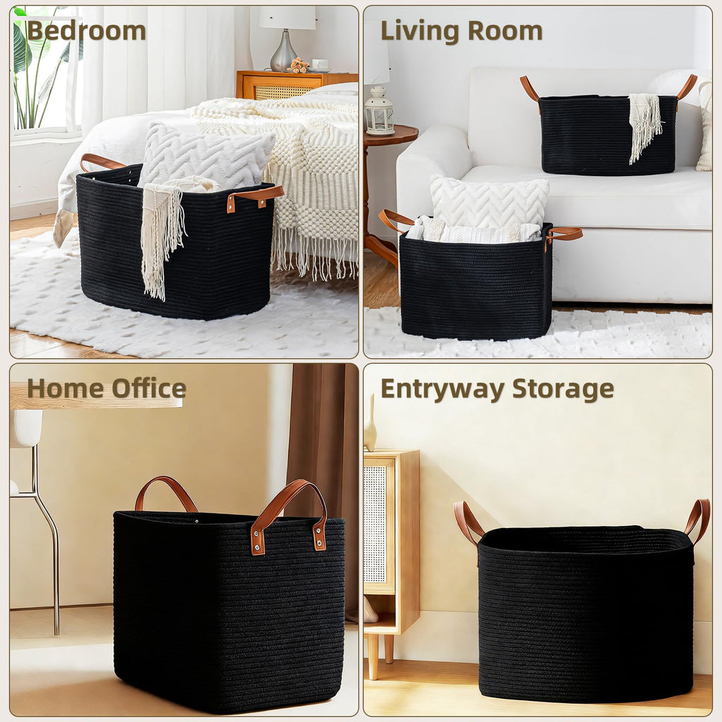 89L Extra Laundry Basket with Leather Handles, Woven Cotton Rope Blanket Basket, Toy Bin for Baby Room, Laundry Hampers