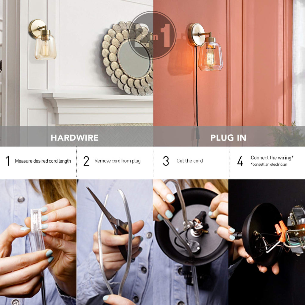 Matte Brass Plug-in or Hardwire Wall Sconce with Smoked Amber Glass Shade and in-Line On/Off Switch