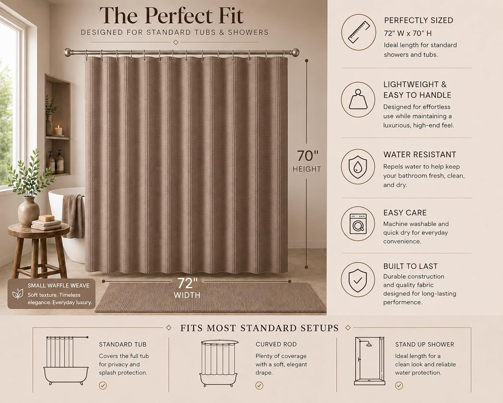 Hotel Style Waffle Weave Shower Curtain, Textured Fabric Shower Curtain, Water Resistant Polyester with Stitched Hook