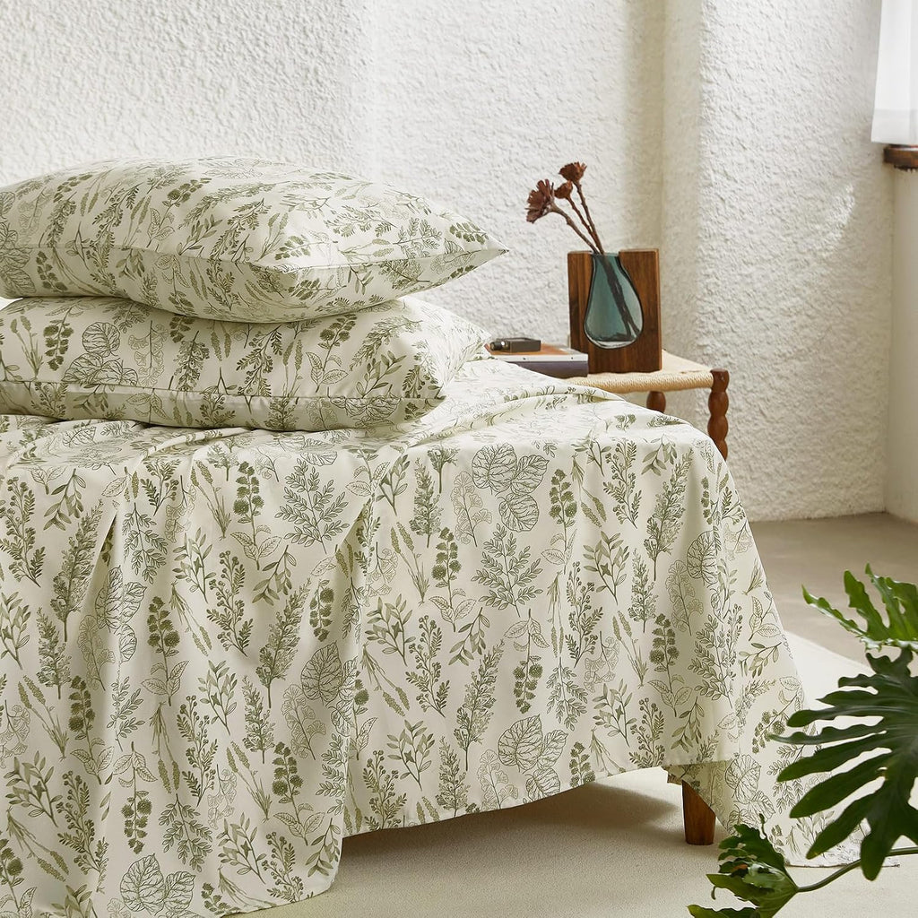 Bed Sheets, 4-Piece Sheet Set, Floral Shabby Chic Leaves Pattern Printed Coquette Vintage Aesthetic