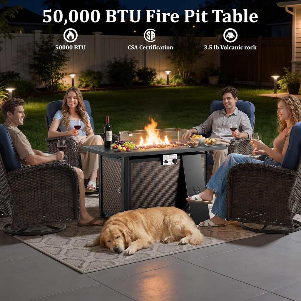Outdoor Swivel Rocking Chair Patio Set (8pcs) High-Back - Thick Cushion Swivel Rocking Chair Patio with Fire Table