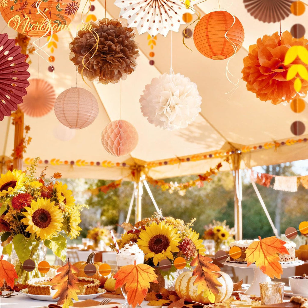 Fall Thanksgiving Decor with Pom Poms Lanterns Fans Garlands - Set of 21