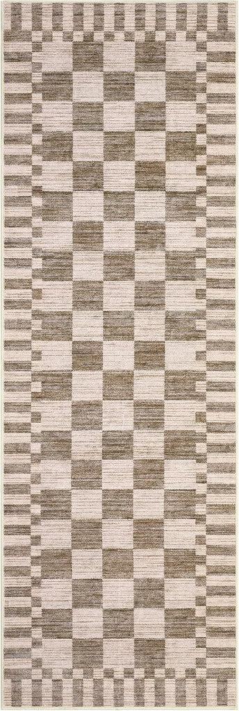 2x6 Kitchen Runner Rug Non Slip Washable Runner Rug | Brown Checkered Rug Soft Low-Pile Geometric Tan Print Modern