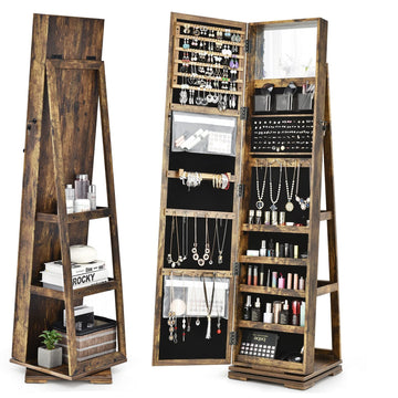 360 Rotating Jewelry Armoire with Mirror, Freestanding Jewelry Storage Mirror w/78 Ring Slots, 24 Necklace Hooks, 120