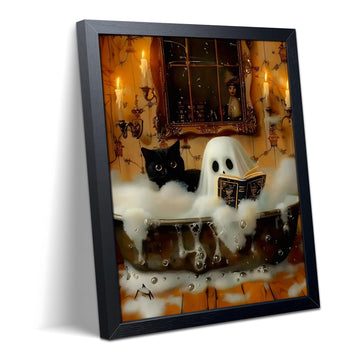 Cute Ghost Cat Bathroom Wall Art Canvas Framed Poster Painting Print Picture, Spooky Bathtub Reading Ghost Artwork