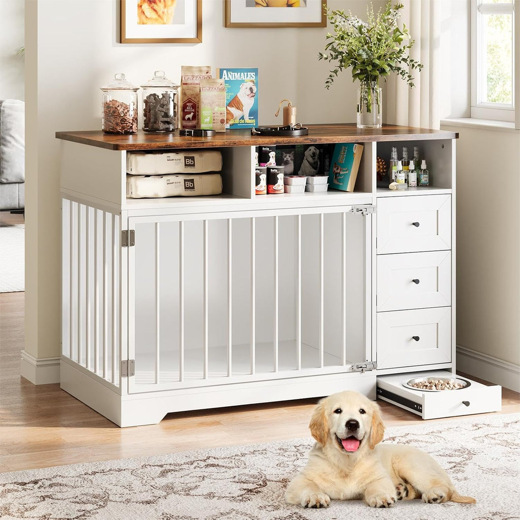 Dog Crate Furniture for Medium Small Dogs with Storage, White