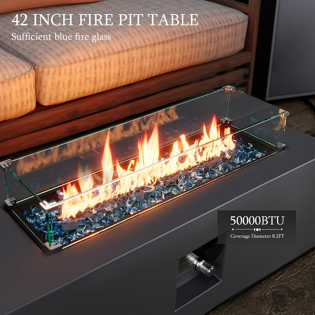 42-inch Outdoor Propane Gas Fire Pit Table, Grey | 50000 BTU Iron Rectangle Firepit with Tank Hidden Table, Wind