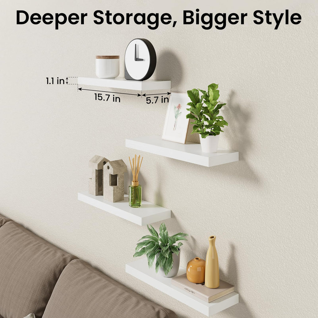 White Floating Shelves 15.7in, Set of 4, Wall Mount Rustic Wood Shelf