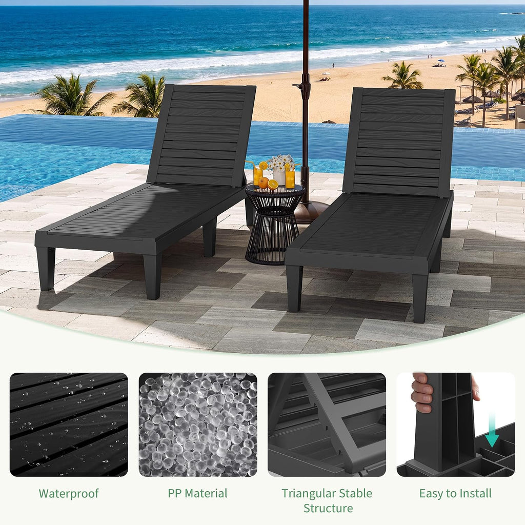 Outdoor Chaise Lounge Chair Set, Patio Chairs(Black Striped, Set of 2) | Wood-Grain HDPE, 5-Position Recline, Patio