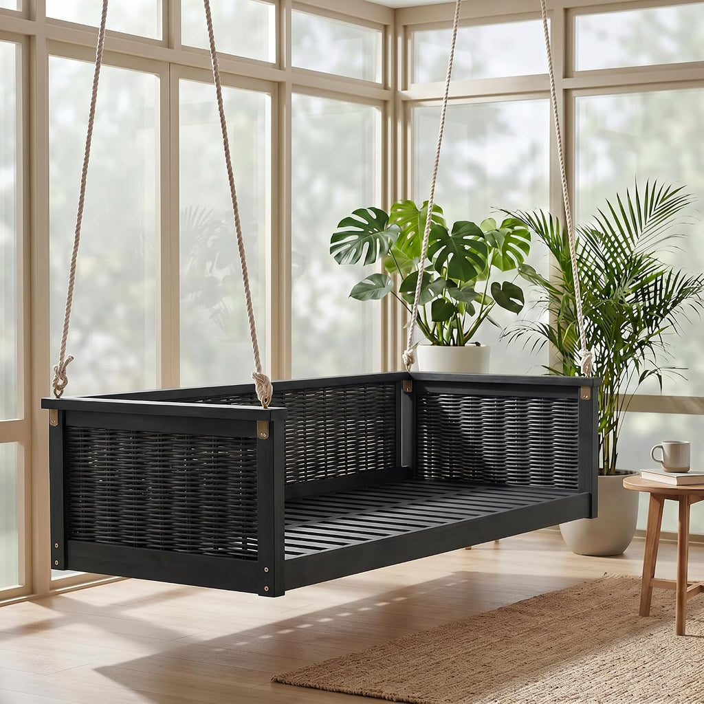 79.5in Acacia Wood Porch Swing Bed, Rattan Hanging Outdoor Daybed, Black | Hand-Woven Rattan And Acacia Wood Frame;