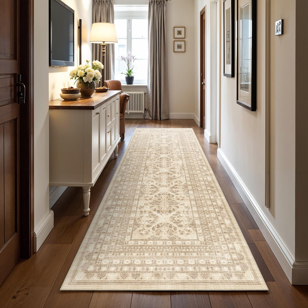 3x10 Runner Rug Washable: Non Slip Wide Hallway Runners Ivory Beige