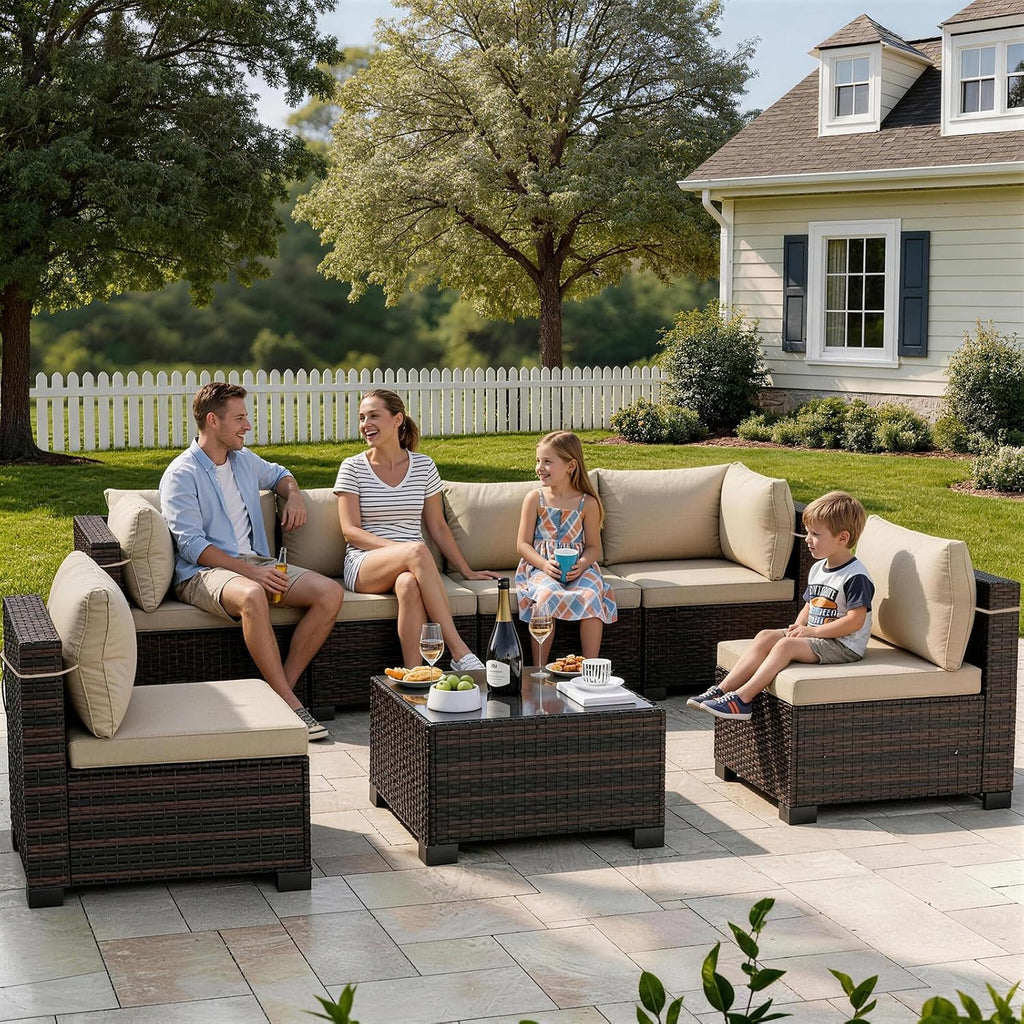 7 Pieces Outdoor Patio Furniture Sets,Rattan Conversation Sectional Set,Manual Weaving Wicker Patio Sofa with Tea