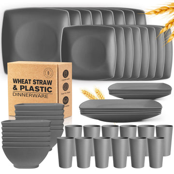 48-piece Wheat Straw Square Dinnerware Set for 12, Unbreakable Dinner Plates, Salad Plates, Snack Bowls, Tumblers 20