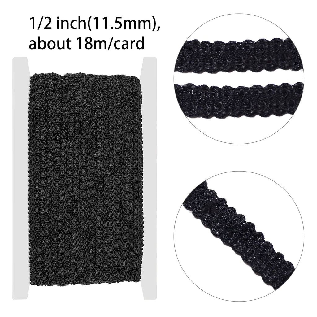 1/2 Inch 20Yds Gimp Braid Trim Black Polyester Weave Fabric Woven Trims Braided Cord Scalloped Edge Rick Rack Ribbon