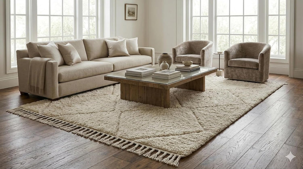 Handmade Moroccan Berber Wool Rug 6' x 9', Textured Diamond Pattern, 100% Wool Plush Pile, Neutral Beige/Taupe