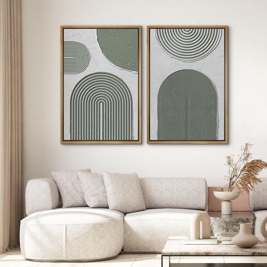 Framed Canvas Print Wall Art Set Mid-Century Green Geometric Circle Abstract Shapes Illustrations Minimal Decorative