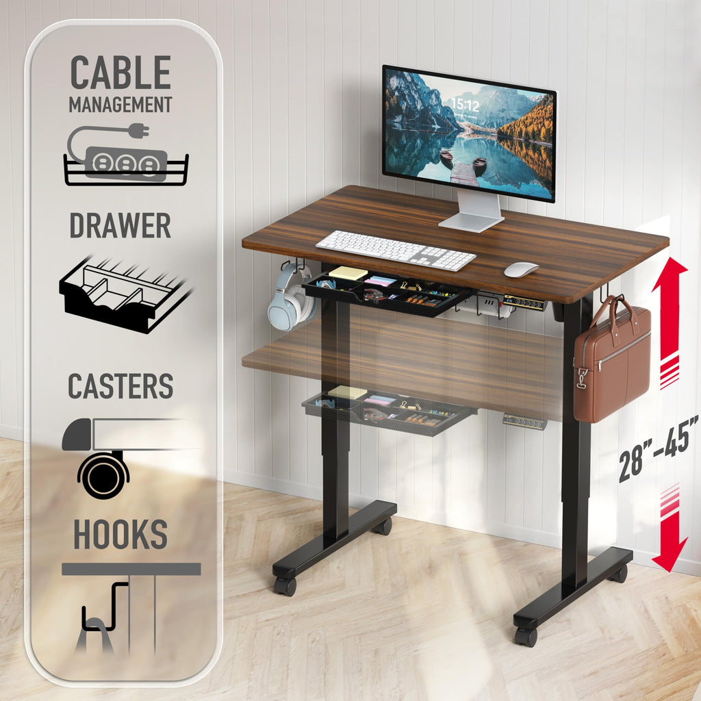 40-Inch Mobile Height Adjustable Standing Desk w/Drawer, Walnut