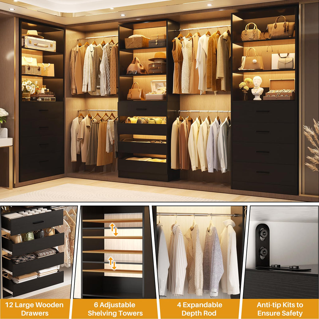 Closet System with 12 Drawers, 8.5-11.5Ft Closet Organizer System