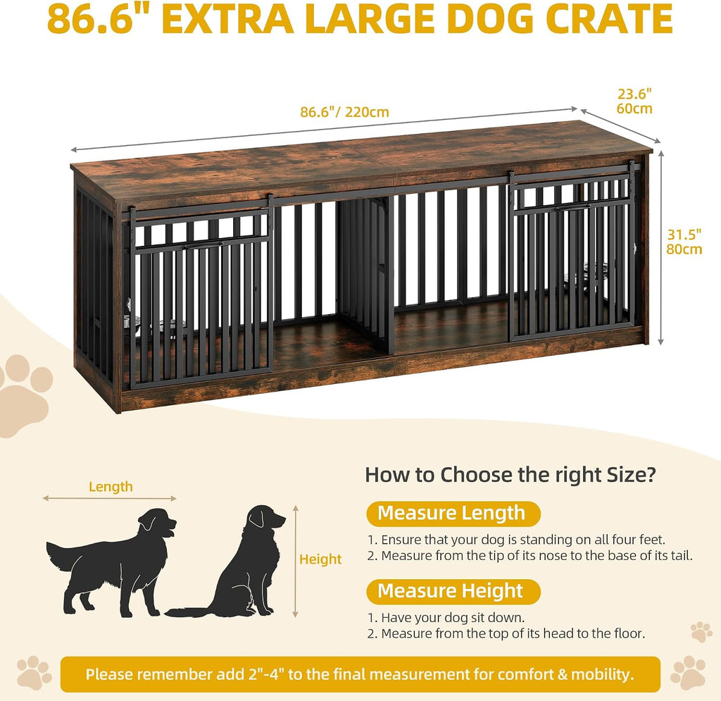 Double Dog Crate Furniture with 4 Dog Bowls
