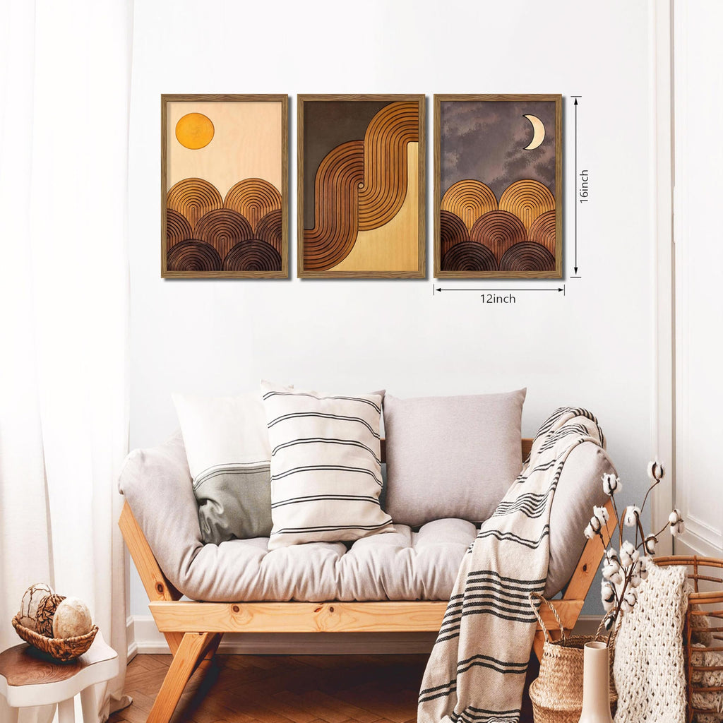 Abstract Framed Wooden Canvas Wall Art Set of 3 - Sun Moon Geometric Boho Modern Wall Decor, Golden Brown Mid Century