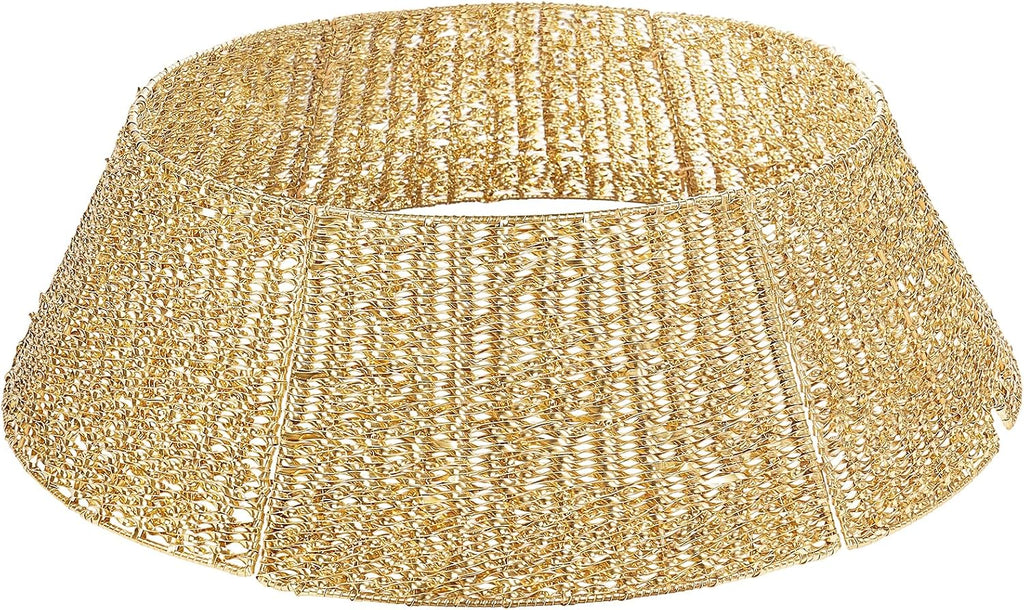 33 Inch Christmas Tree Collar, Gold Woven Xmas Tree Skirt for Artificial Trees, Tree Base Cover with Cord Cut-Out