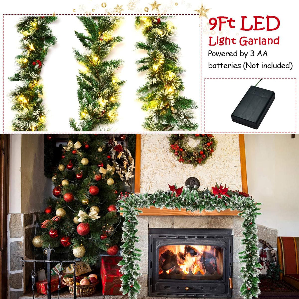 9FT Pre-lit Christmas Garland, Artificial Christmas Pine Rattan w/Timer, 50 LED Lights and Red Berries, Ideal for