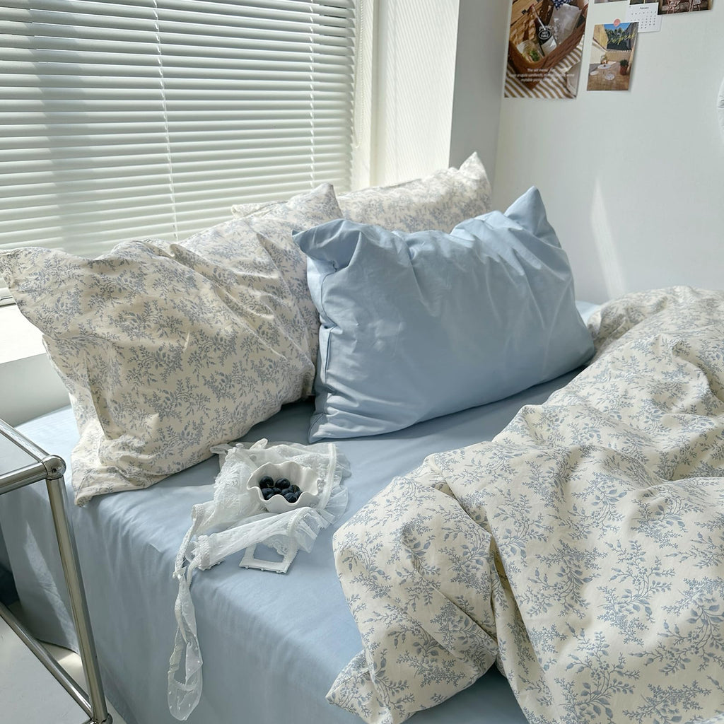 Blue Floral Duvet Cover Twin Size - 100% Cotton Soft Boho Comforter Cover with Zipper Closure 4 Ties, 3-Piece Vintage