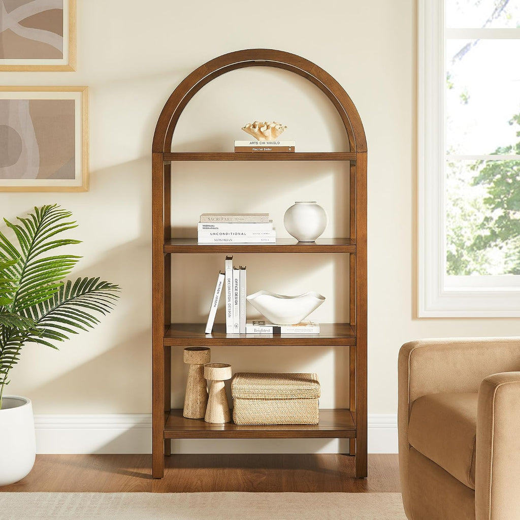 Vexley 60 Inch Arched Bookshelf in Walnut - Modern Pine and Acacia Open Display Bookcase , Reading Nook