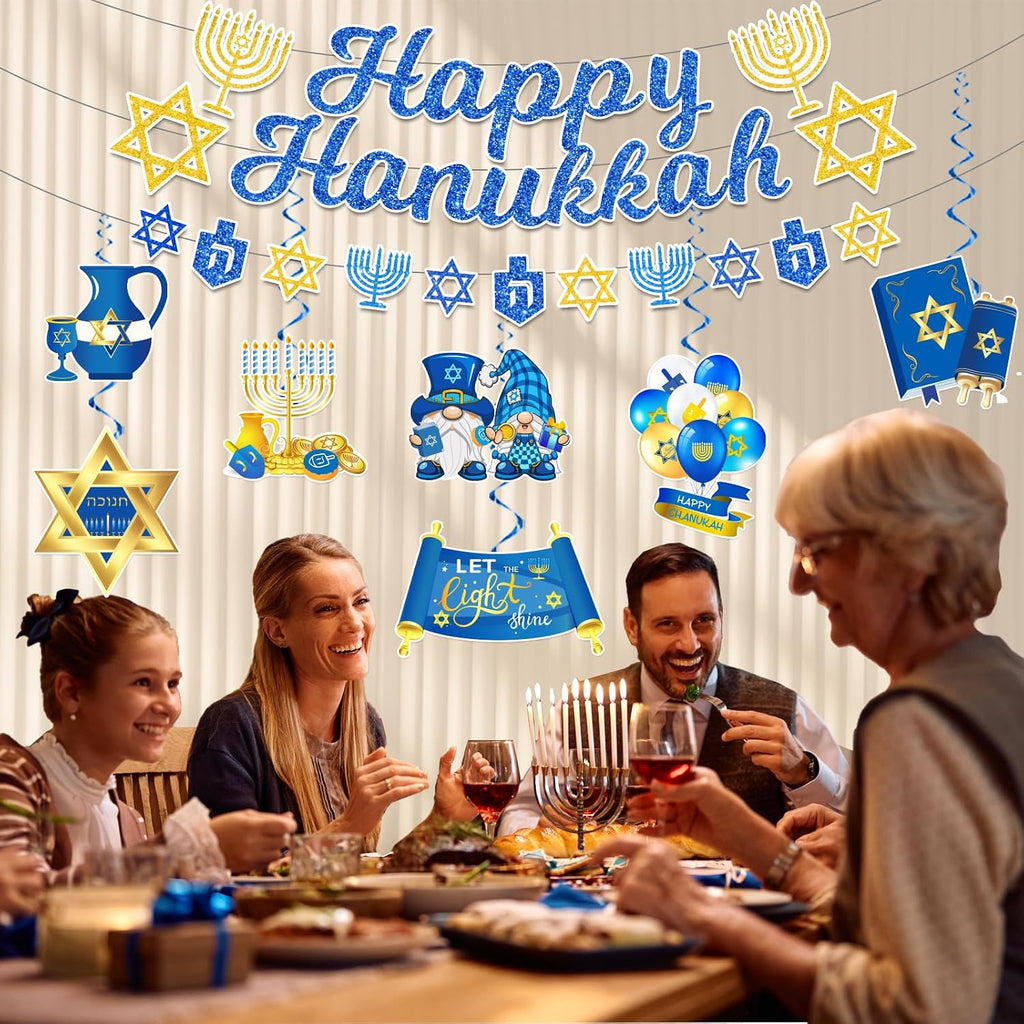 Hanukkah Decorations, Chanukah Party Decor includes Happy Hanukkah Banner Star of David Dreidel Garland and Hanging - Set of 15