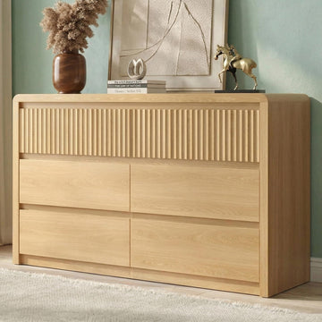 Fluted 6 Drawer Dresser, 50" Wide Dresser & Chest of Drawers with Curved Profile Design, Wood Mid Century Dressers