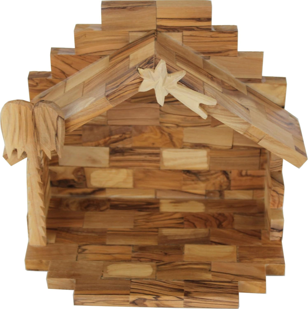 Land Market Olive Wood Nativity Scene - Inspirational Indoor Nativity Set with Plain Roof Stable, 12 Hand-Carved