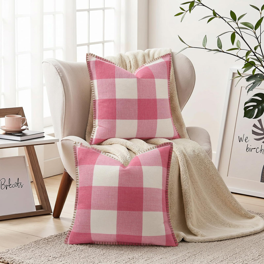 Fall Plaid Linen Throw Pillow Covers 24x24 Set of 2 Dusty Pink