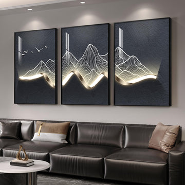 Large Framed Modern Mountain Wall Art, 3 Piece 24x36 In