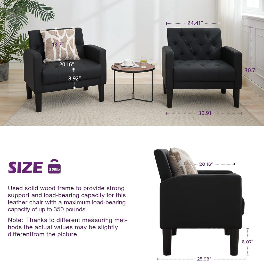 Black Leather Accent Chairs, Tufted M-C-M Chairs - Set of 2