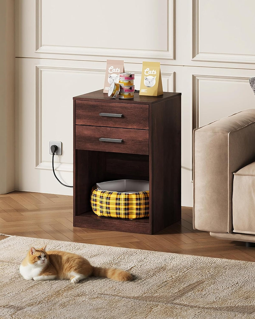 Nightstand Set of 2 with Charging Station, Wood Night Stand Sets with 2 Drawers and Open Shelf, Bed Side Tables