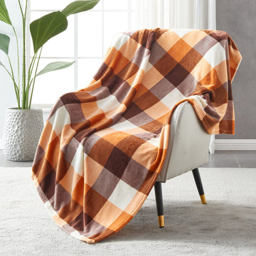 Buffalo Plaid Flannel Fleece Throw Blanket 90 x 108 Inches, Orange