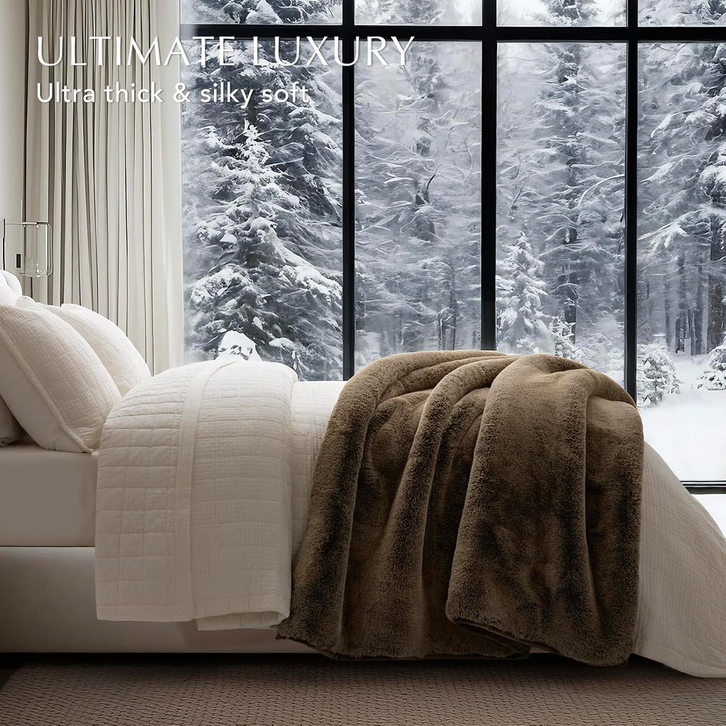 Faux Chinchilla Fur Throw Blanket, 50"x60", Brown Sable | Luxury, Super Soft, 1220GSM, Fluffy Cozy Mink, Reversible