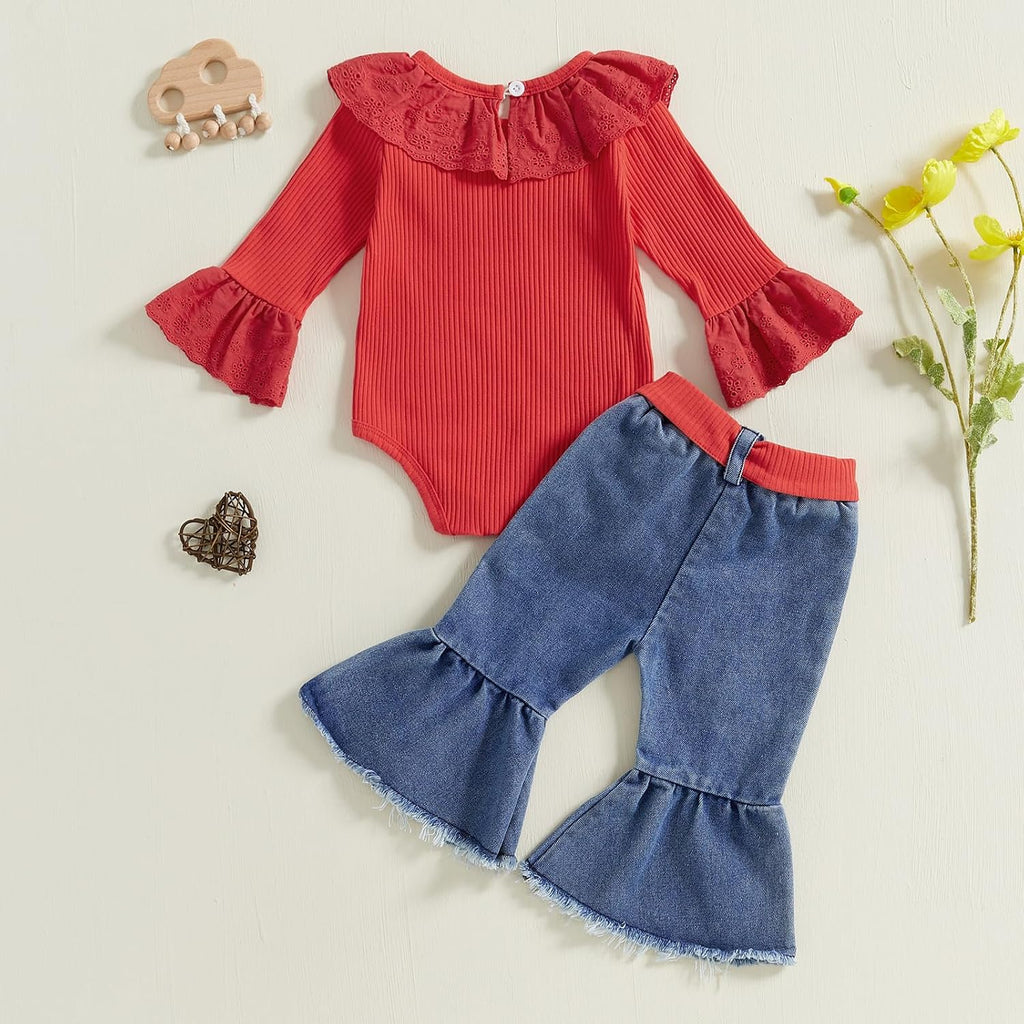Newborn Baby Girl Outfits Rib Knit Romper Jeans Flare Pants Headband